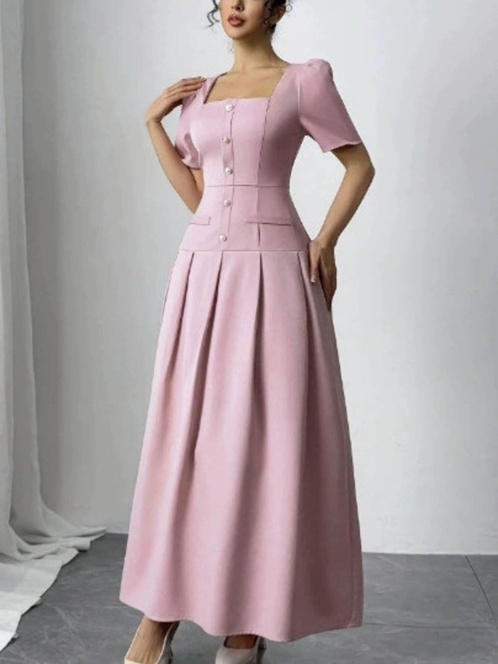 Zara Summer Square Neck Puff Sleeve Maxi Dress Waist
